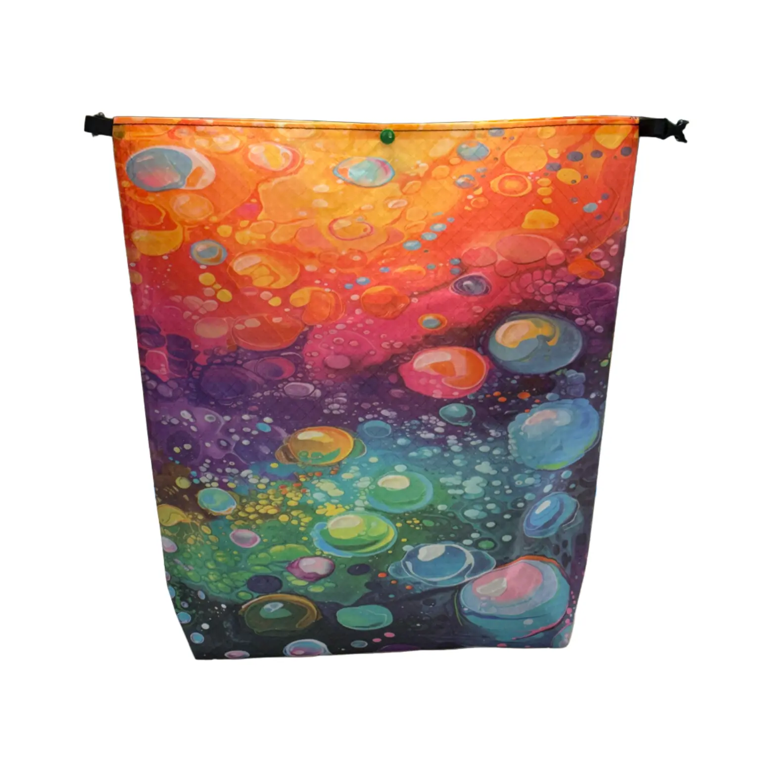 Colorful abstract bubble pattern on a hanging fabric banner.