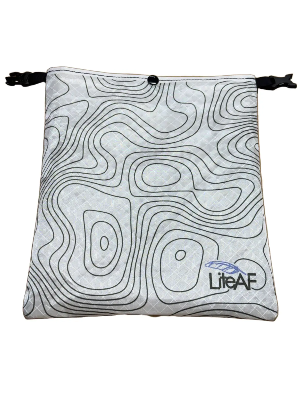 Gray drawstring bag featuring an abstract topographic line pattern and a small LifeAF logo in the lower-right corner, with black cord closures at sides.