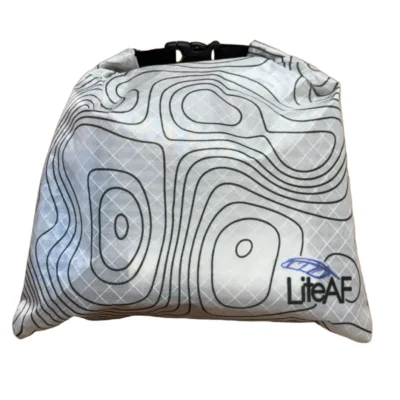 Gray drawstring bag with a topographic contour pattern and the LifeAF logo in the lower right corner