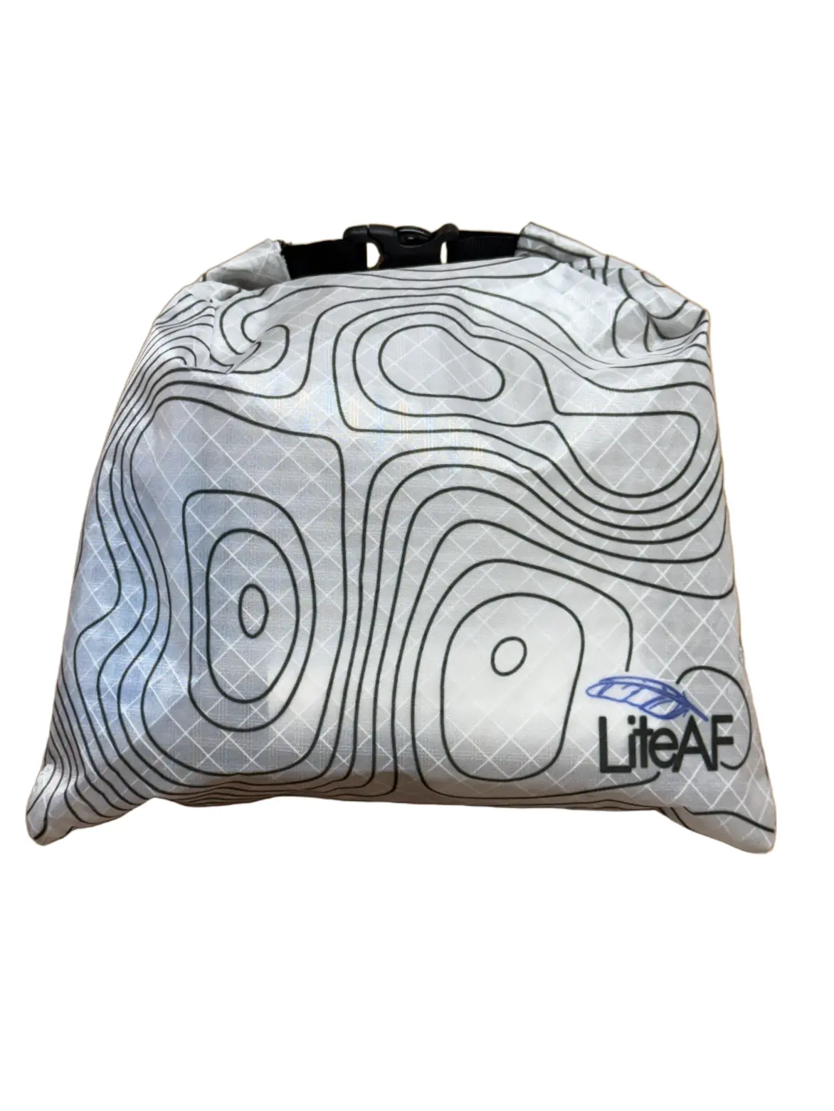 Gray drawstring bag with a topographic contour pattern and the LifeAF logo in the lower right corner