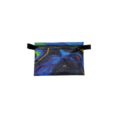 Colorful abstract-pattern zip pouch with a black zipper and straps on white background.