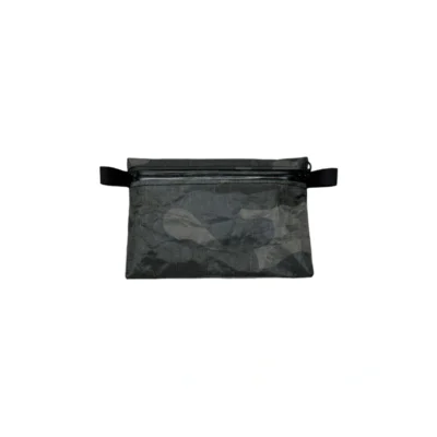 Camouflage gray zippered pouch with a black zipper and two black side straps.