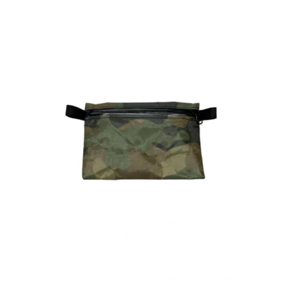 Camouflage-patterned zip pouch with a black zipper and fabric strap, photographed on a white background.