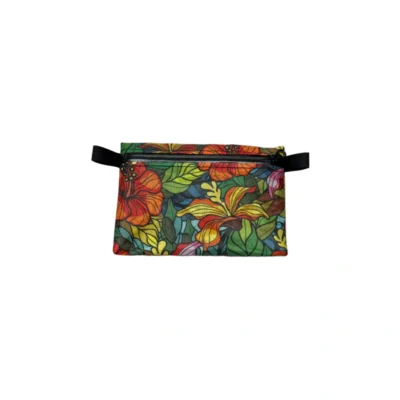 Colorful floral-patterned zip pouch with black zipper and side strap, viewed from front.
