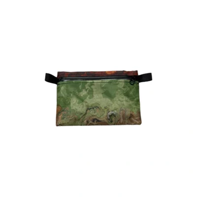 Camouflage zippered pouch with black side straps, viewed from the front