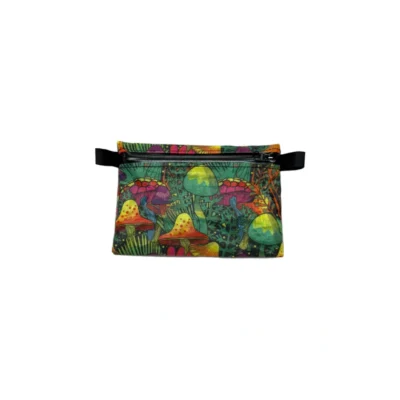 Colorful mushroom-patterned zip pouch with a black zipper and side strap