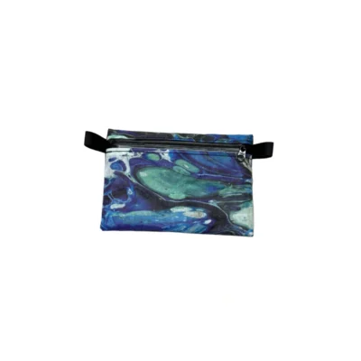 Colorful abstract-patterned waist bag with a front zipper and black strap (fanny pack).