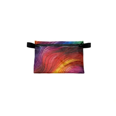 Rainbow-patterned zip pouch with a black zipper and side strap on a white background