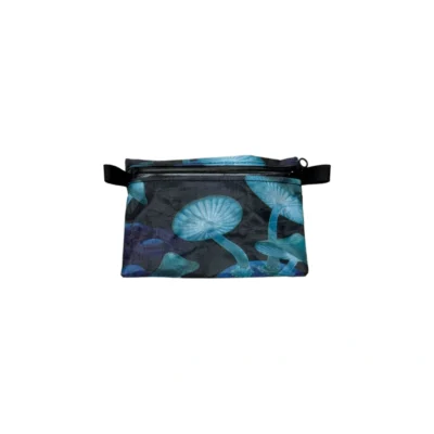 Zippered fabric pouch in blue and teal abstract pattern with black zipper and side straps.