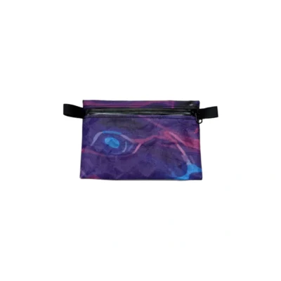 Purple patterned zip pouch with black wrist strap, small cosmetic or accessory bag with a zipper closure.