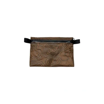 Brown zippered pouch with black zipper, featuring a contour-line abstract pattern and black side loops on a white background.