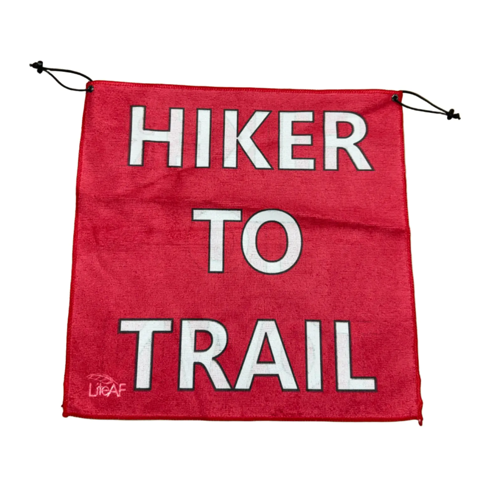 Red drawstring banner with bold white text reading 'HIKER TO TRAIL'.