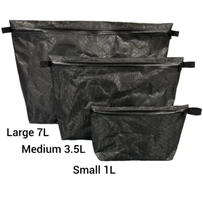 Set of black storage bags in three sizes (Large 7L, Medium 3.5L, Small 1L) with zip closures and side handles.