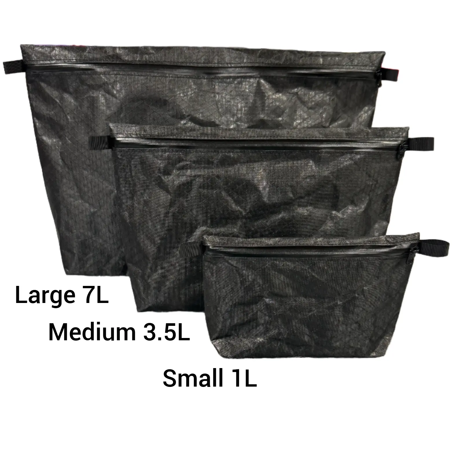 Set of black storage bags in three sizes (Large 7L, Medium 3.5L, Small 1L) with zip closures and side handles.