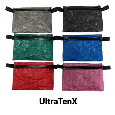 Six colorful zip pouches arranged in two columns (gray, black, green, blue, red, pink) with 'UltraTenX' text below.
