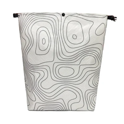 White zippered pouch with an abstract black topographic contour pattern on white fabric, shown from front.