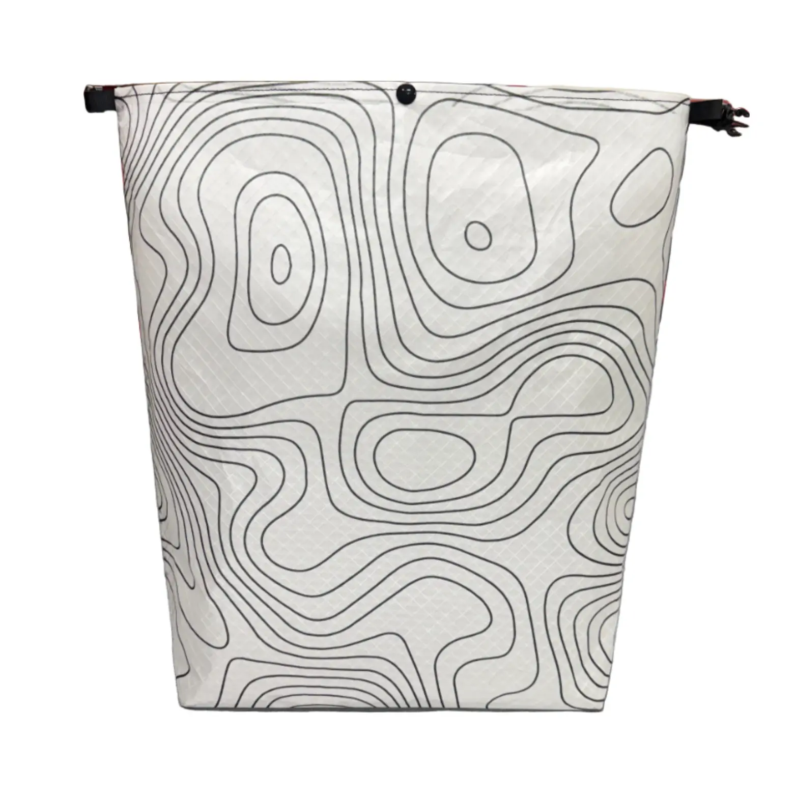 White zippered pouch with an abstract black topographic contour pattern on white fabric, shown from front.
